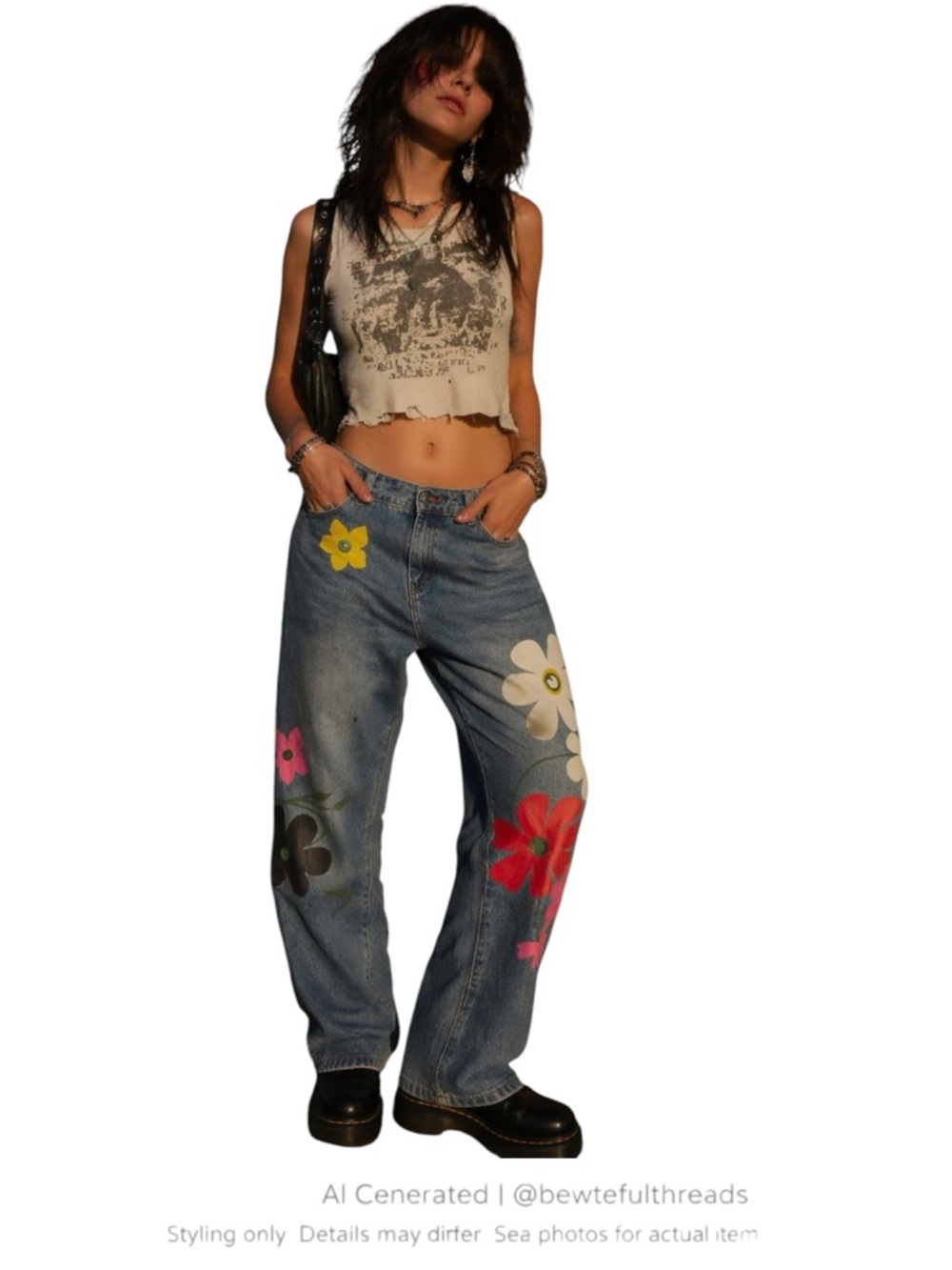 Y2K Indie Floral Painted Jeans XL High Rise Artsy Festival Denim